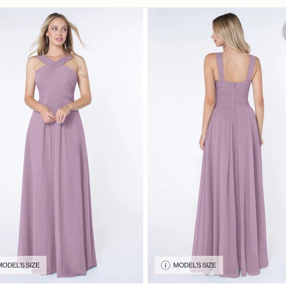 Azazie Kaleigh Bridesmaid Pleated Chiffon Dress Full Length Wisteria Custom NWT - Picture 3 of 15